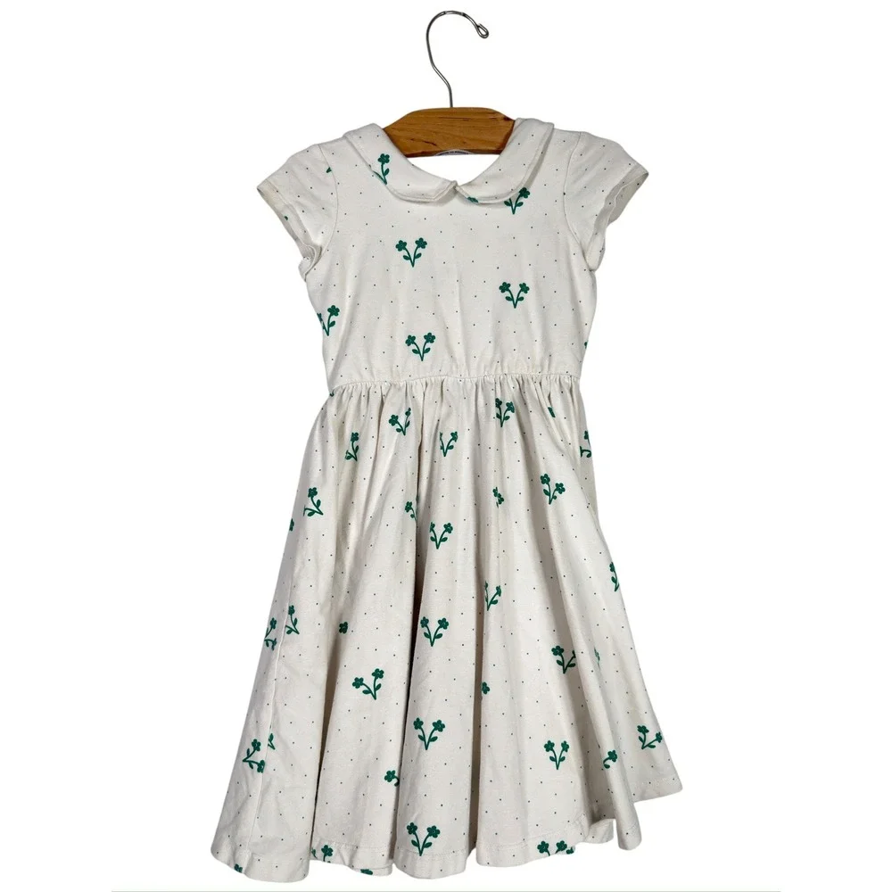 Alice + Ames Girls Dress Size 6 White Green Floral Peter Pan Collar Cotton USA